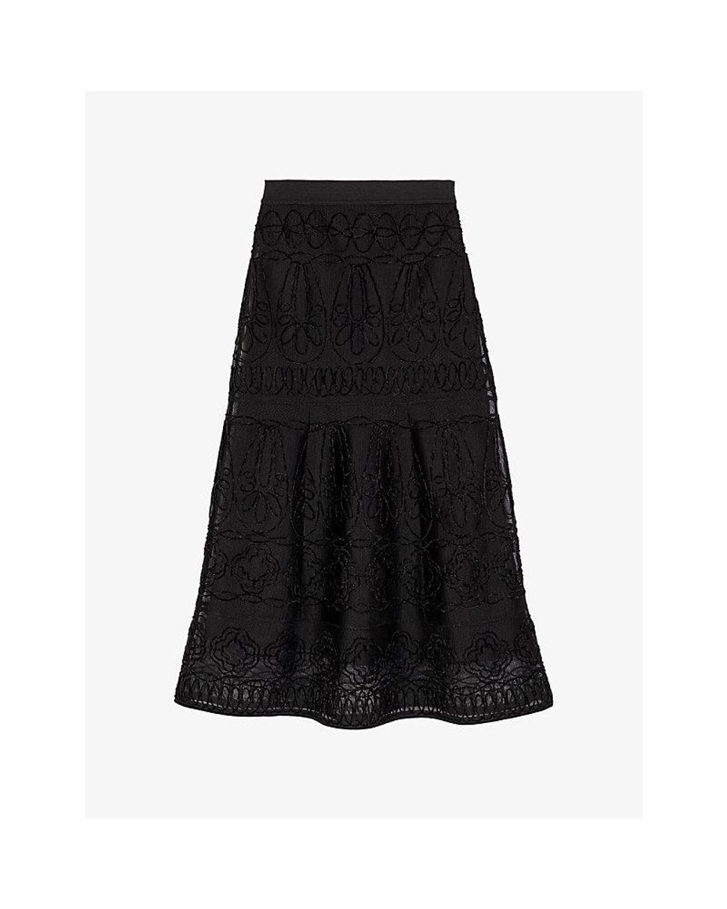 Maje Black Floral-Embroidered Woven Maxi Skirt