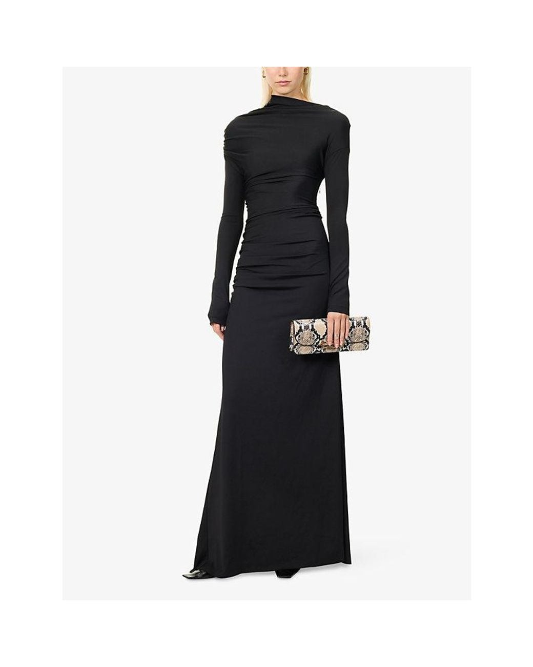Victoria Beckham Black Gathered-Detail Shoulder Drape Woven Gown