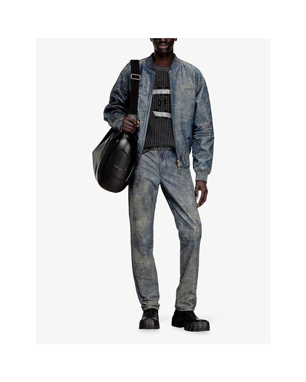 DIESEL Blue L-Cobb Faded Leather Jacket for men