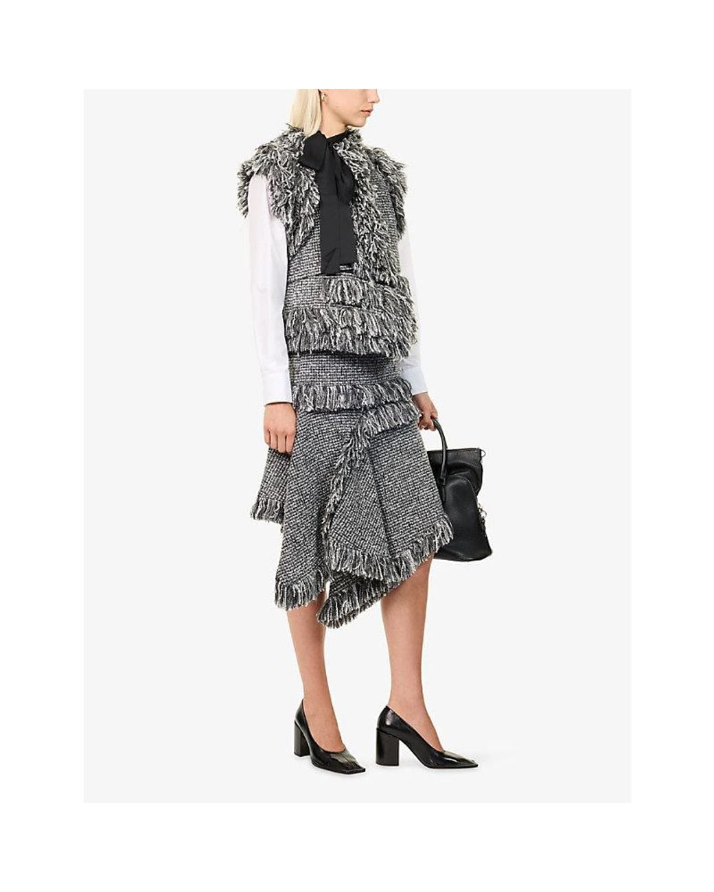 Sacai Gray Tassel-Trim Tweed Midi Skirt