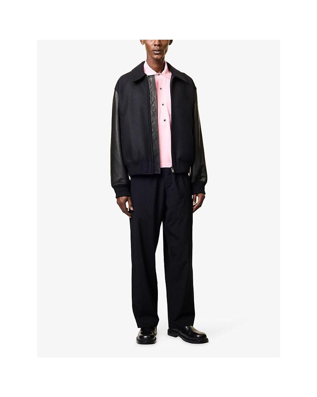 Bottega Veneta Black Embroidered Flat-Collar Wool And Leather Jacket for men