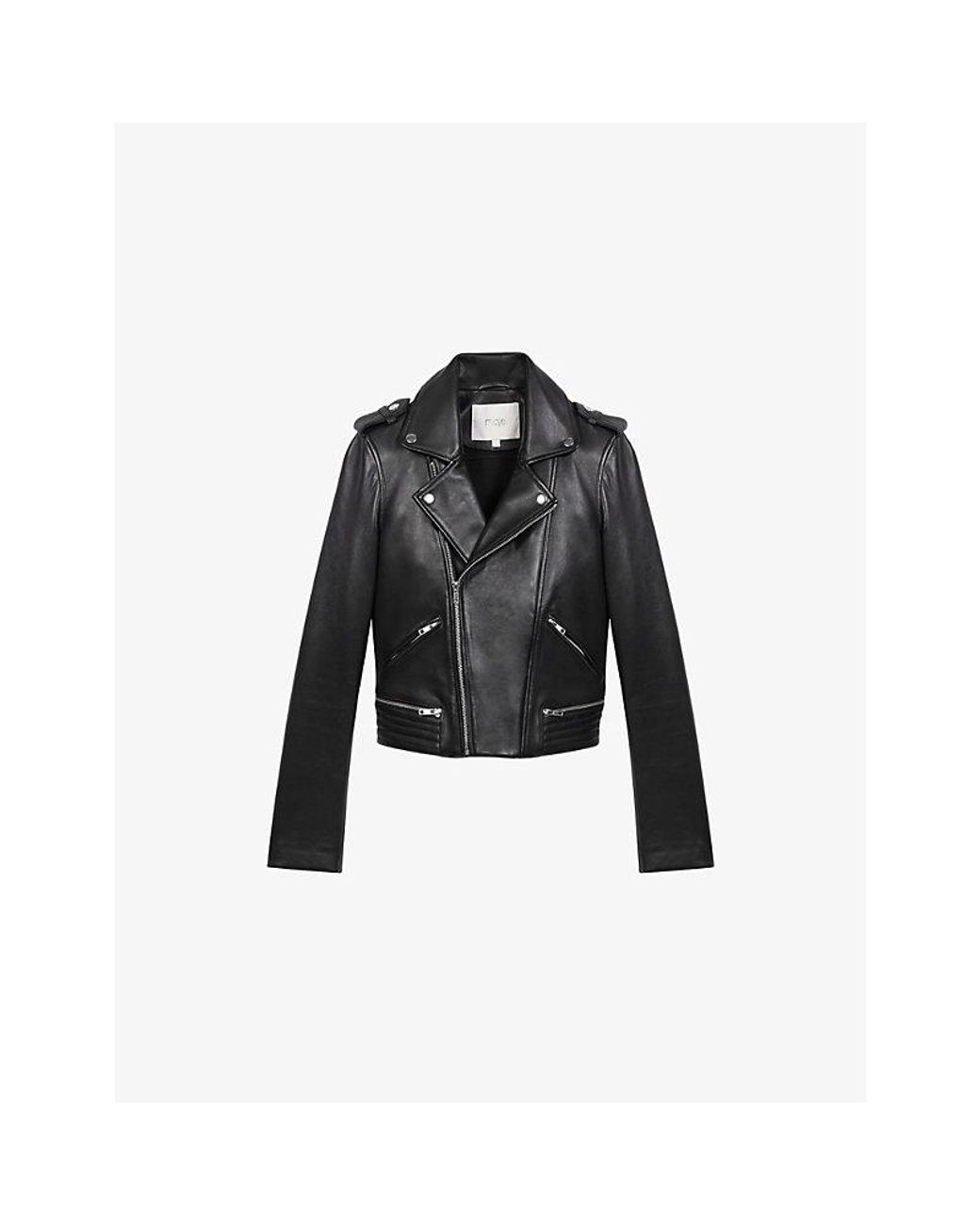 Maje Black Basal Zip-Detail Leather Biker Jacket