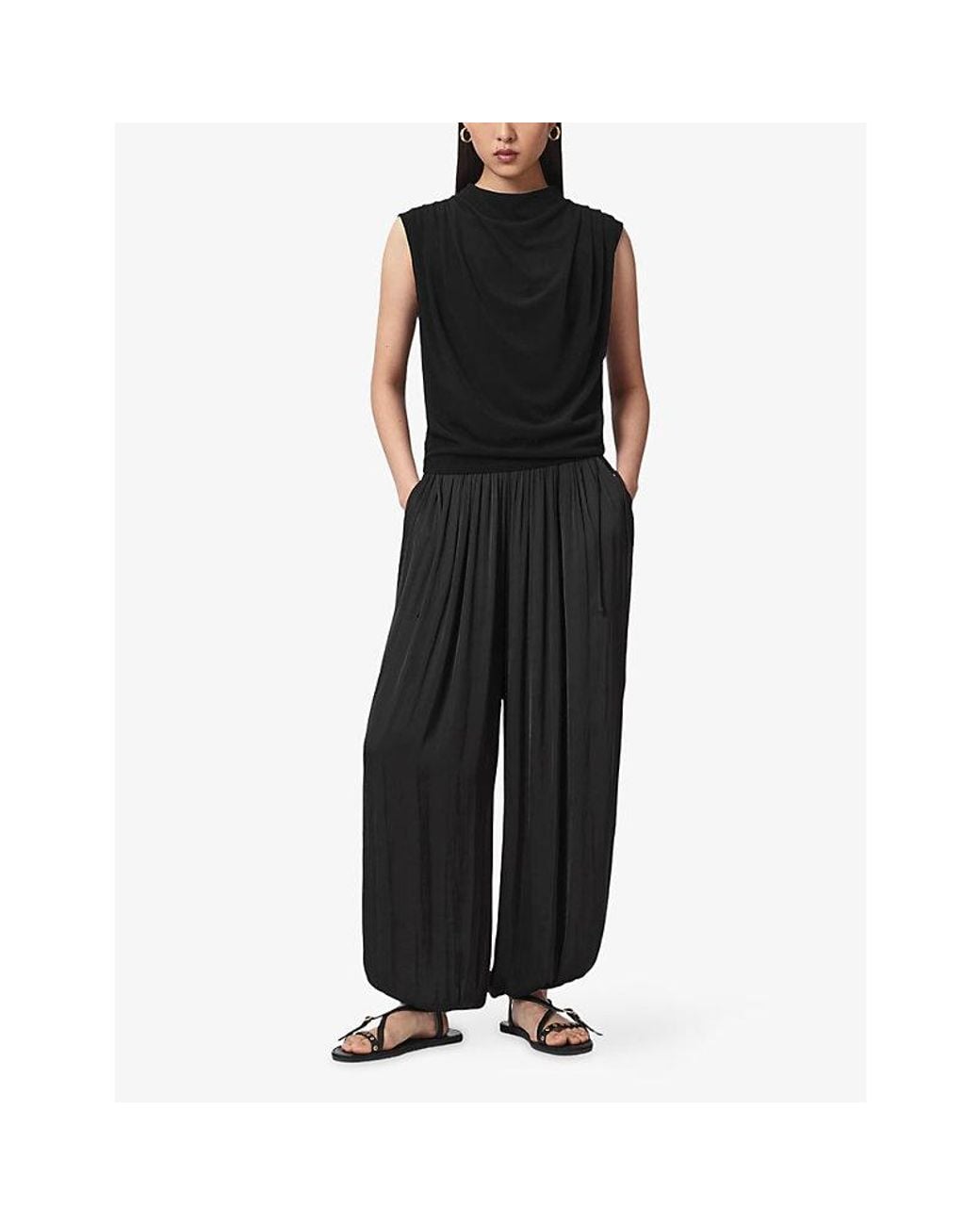 AllSaints Black Emerson Draped Woven Top