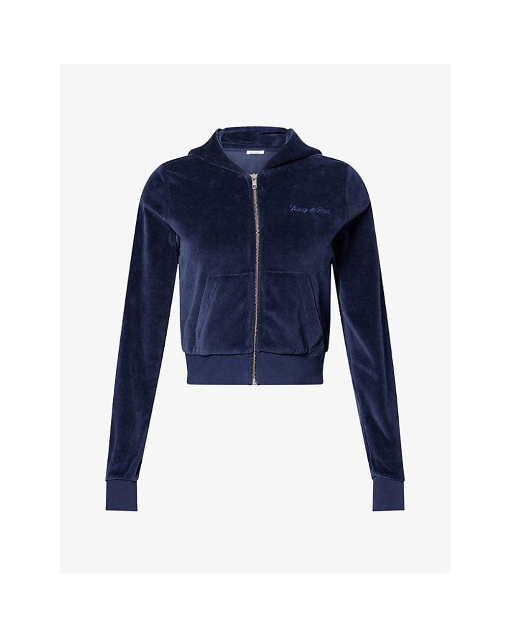 Sporty & Rich Blue Signature-Logo Krystal Zip Velour Hoody