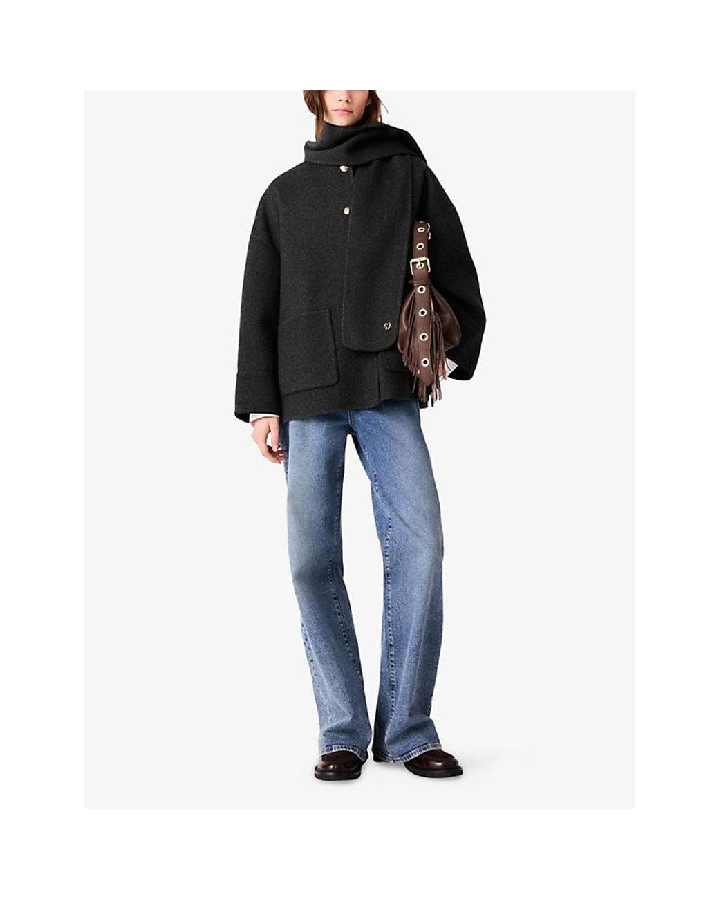 Maje Black Scarf-Detail Boxy-Fit Wool-Blend Coat