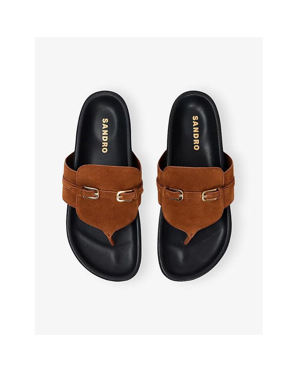 Sandro Brown Buckle-Embellished Toe-Post Suede Sandals