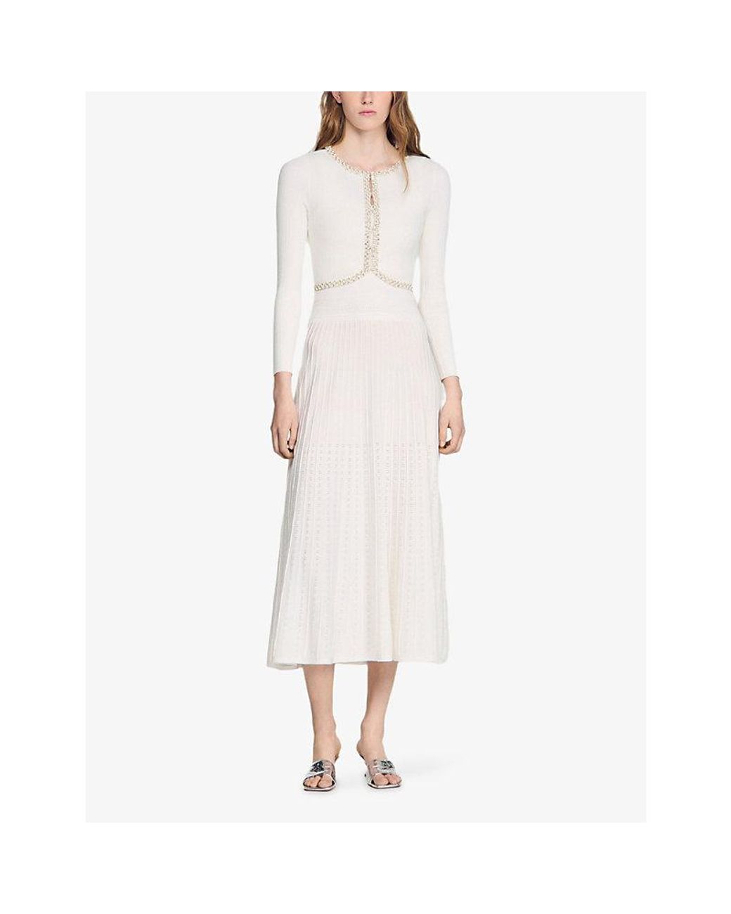 Sandro White Cropped Pearl-Embellished Stretch-Knit Cardigan