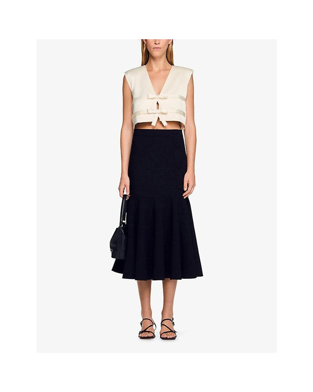 Sandro Ruffle-Hem High-Rise Stretch-Woven Midi Skirt in Black | Lyst