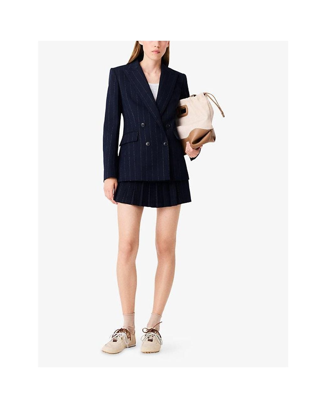 Maje Blue Pinstriped Double-Breasted Woven Blazer