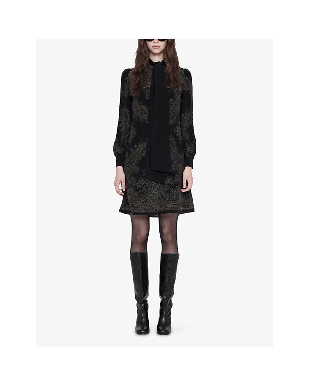 AllSaints Black Jamie Tie-Neck Paisley-Print Silk Mini Dress
