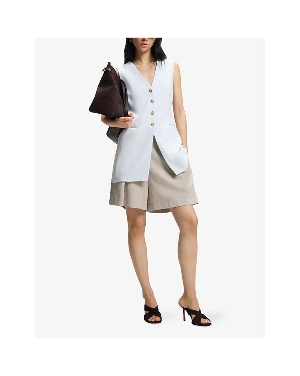 Boss Natural Front-Pleat Wide-Leg High-Rise Linen-Blend Shorts