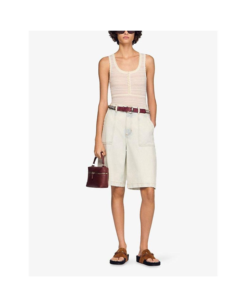 Sandro White Sleeveless Round-Neck Knitted Bodysuit