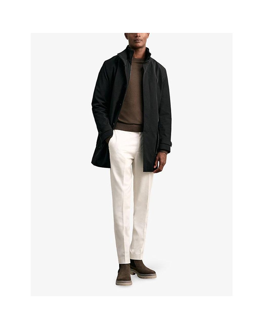 Reiss Black Player Hybrid Removable Funnel-Neck Woven Overcoat for men