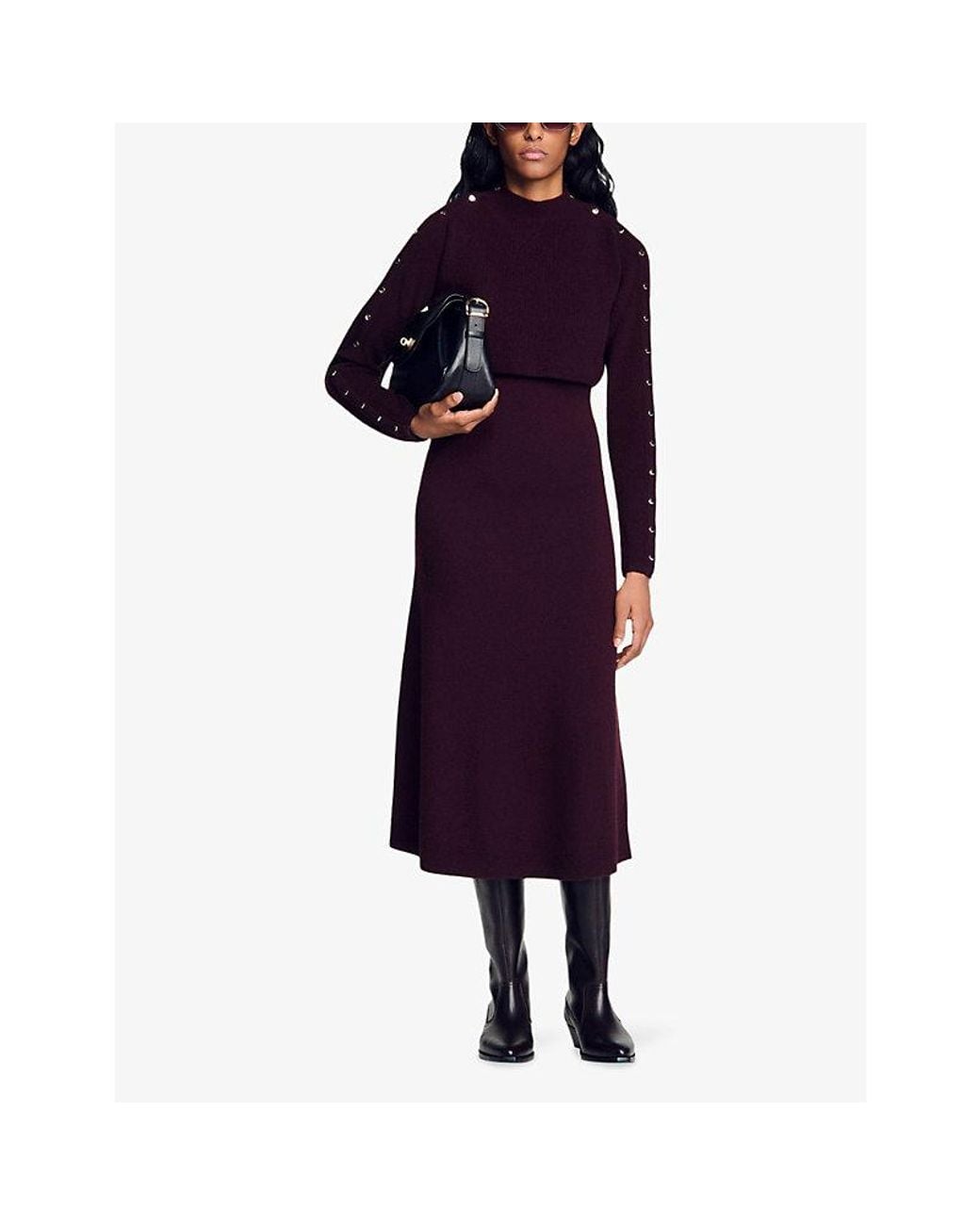Sandro Black Embellished Two-In-One Wool And Cashmere-Blend Maxi Dress