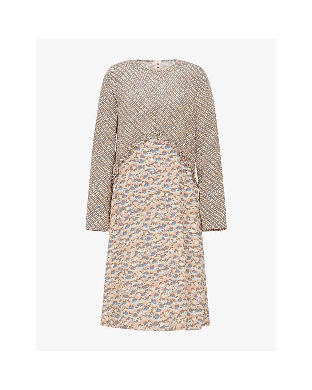 Marni Natural Printed Crepe De Chine Silk Midi Dress