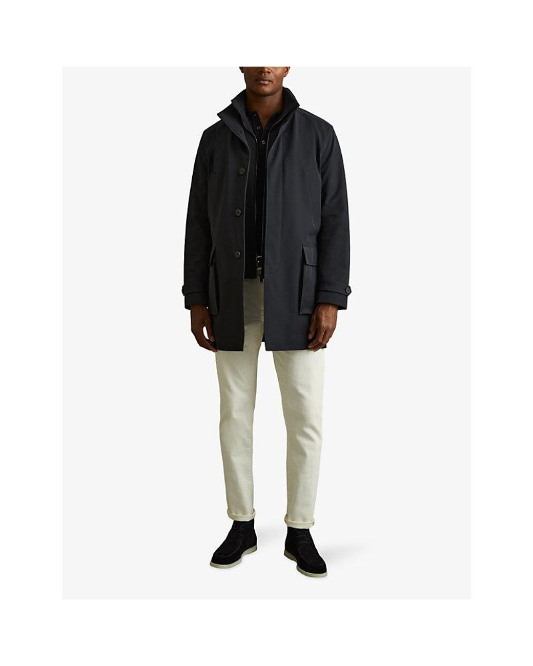 Reiss Blue Player Funnel-Neck Mid-Length Hybrid Coat for men