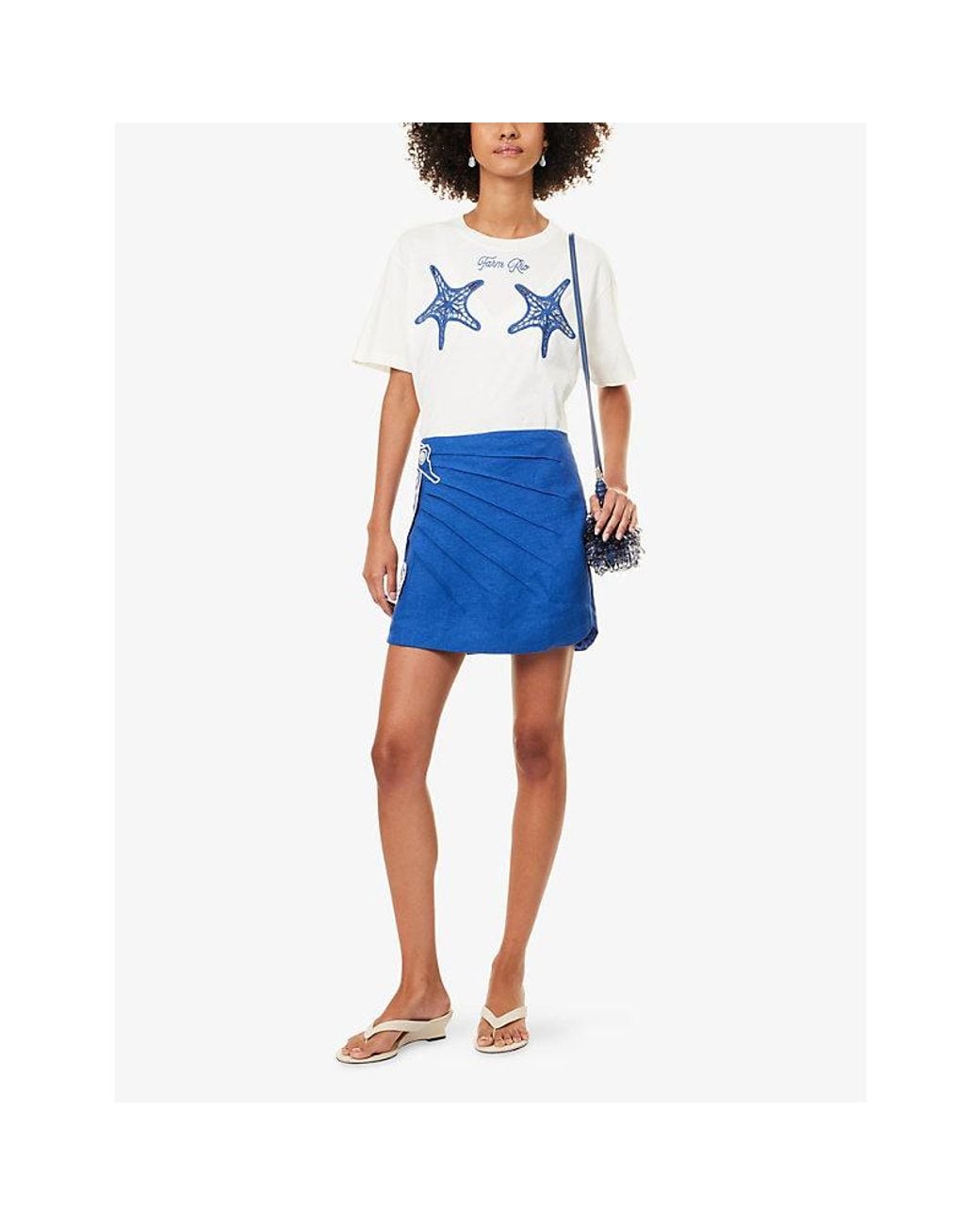Farm Rio Blue Starfish-Embroidered Cotton T-Shirt