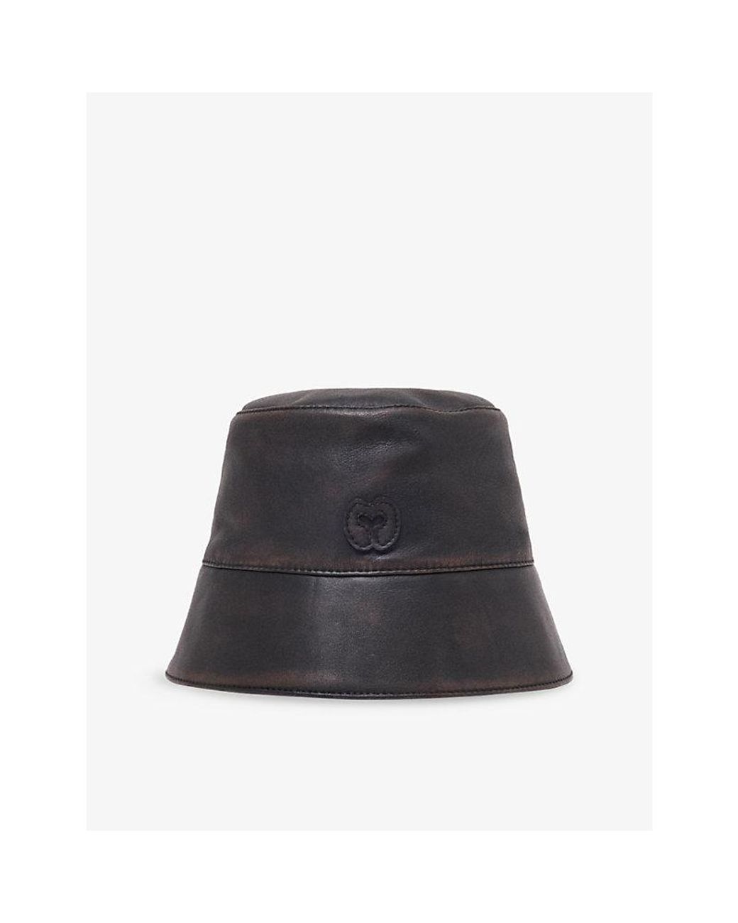 Maje Black Logo-Appliqué Distressed Leather Bucket Hat