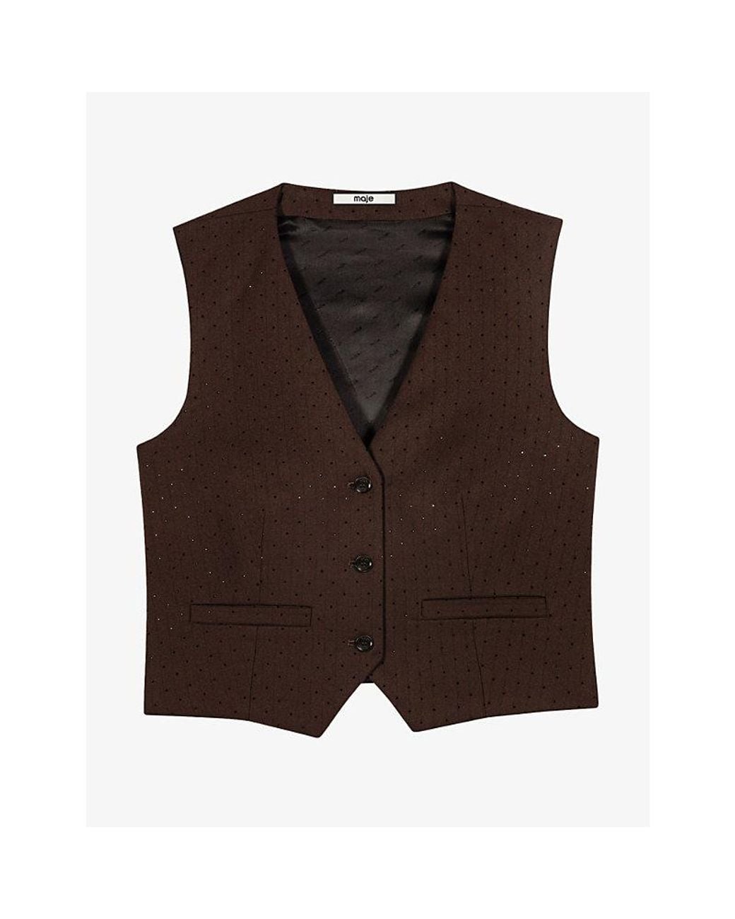 Maje Brown Rhinestone V-Neck Stretch-Woven Waistcoat
