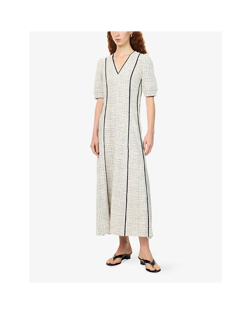 ME+EM Natural V-Neck Fit-And-Flare Tweed-Jersey Maxi Dress