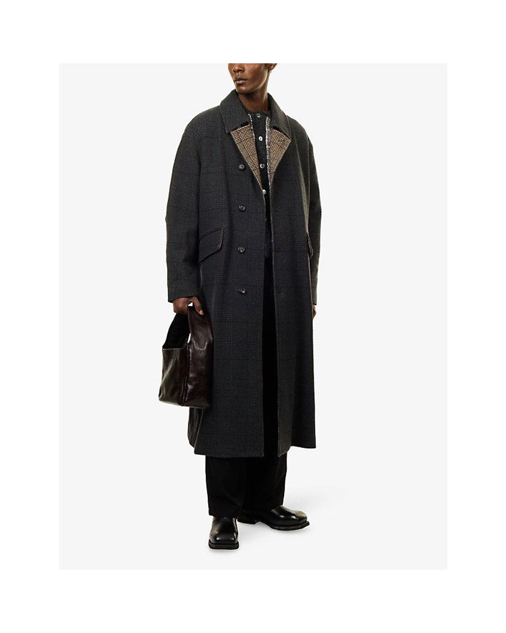 Our Legacy Black Collapsible-Collar Checked Wool Coat for men