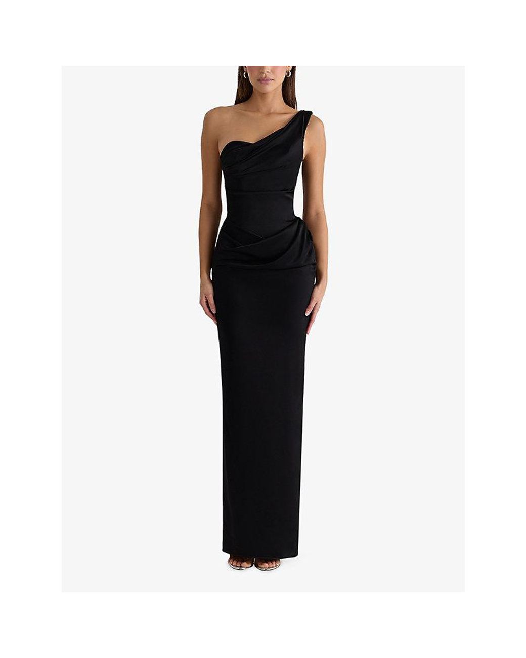 House Of Cb Black Caprice One-Shoulder Satin Maxi Dress Xs (A-C Cup)