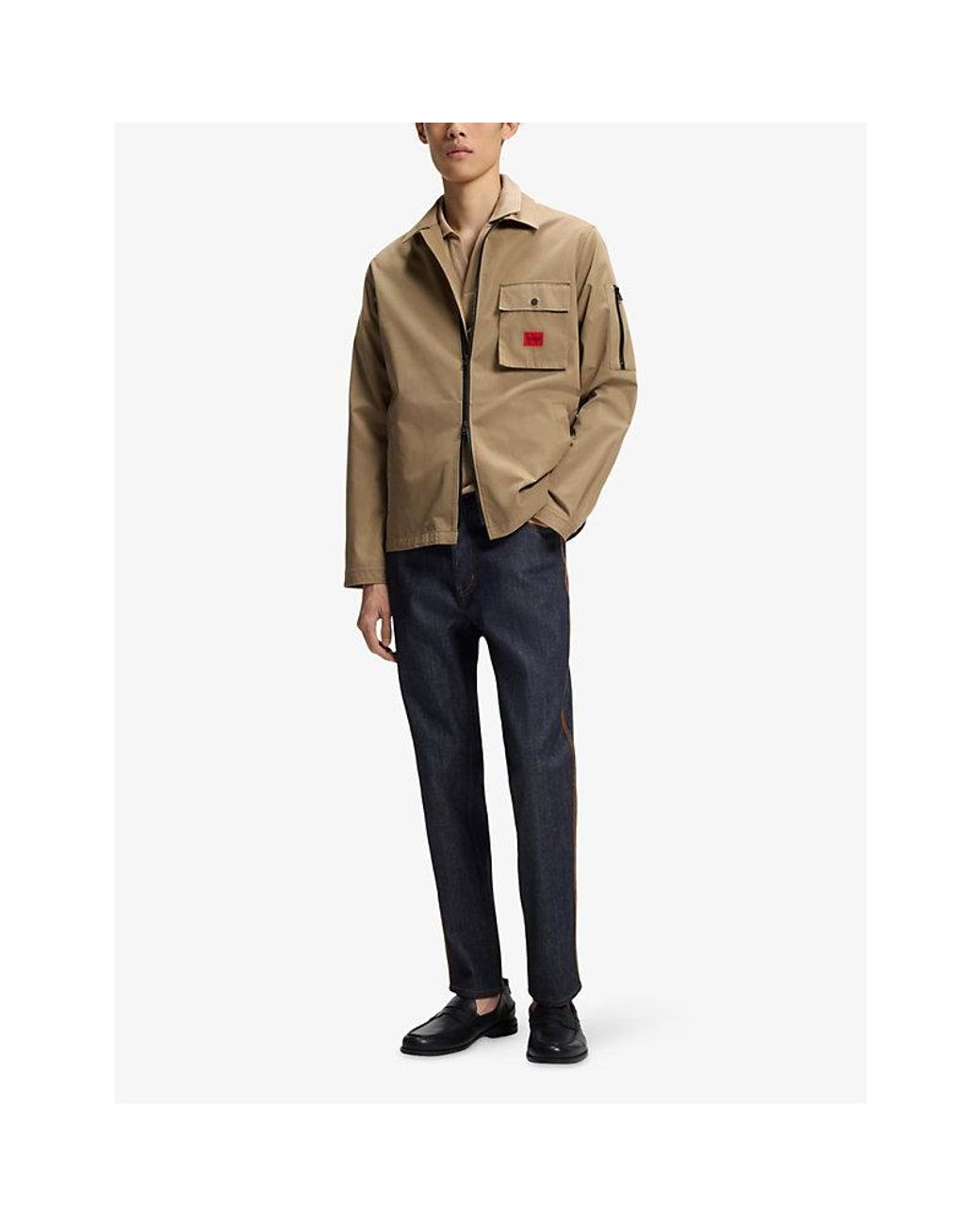 HUGO Natural Emmond Logo-Patch Cotton Overshirt for men