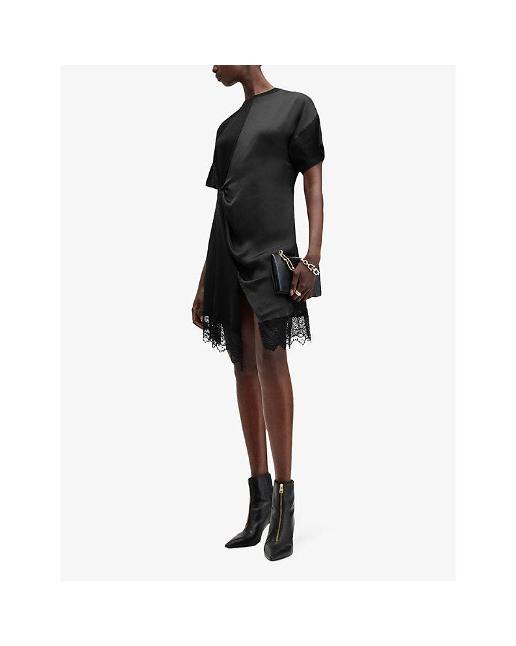 AllSaints Lana Lace Trim Mini T-Shirt Dress in Black | Lyst