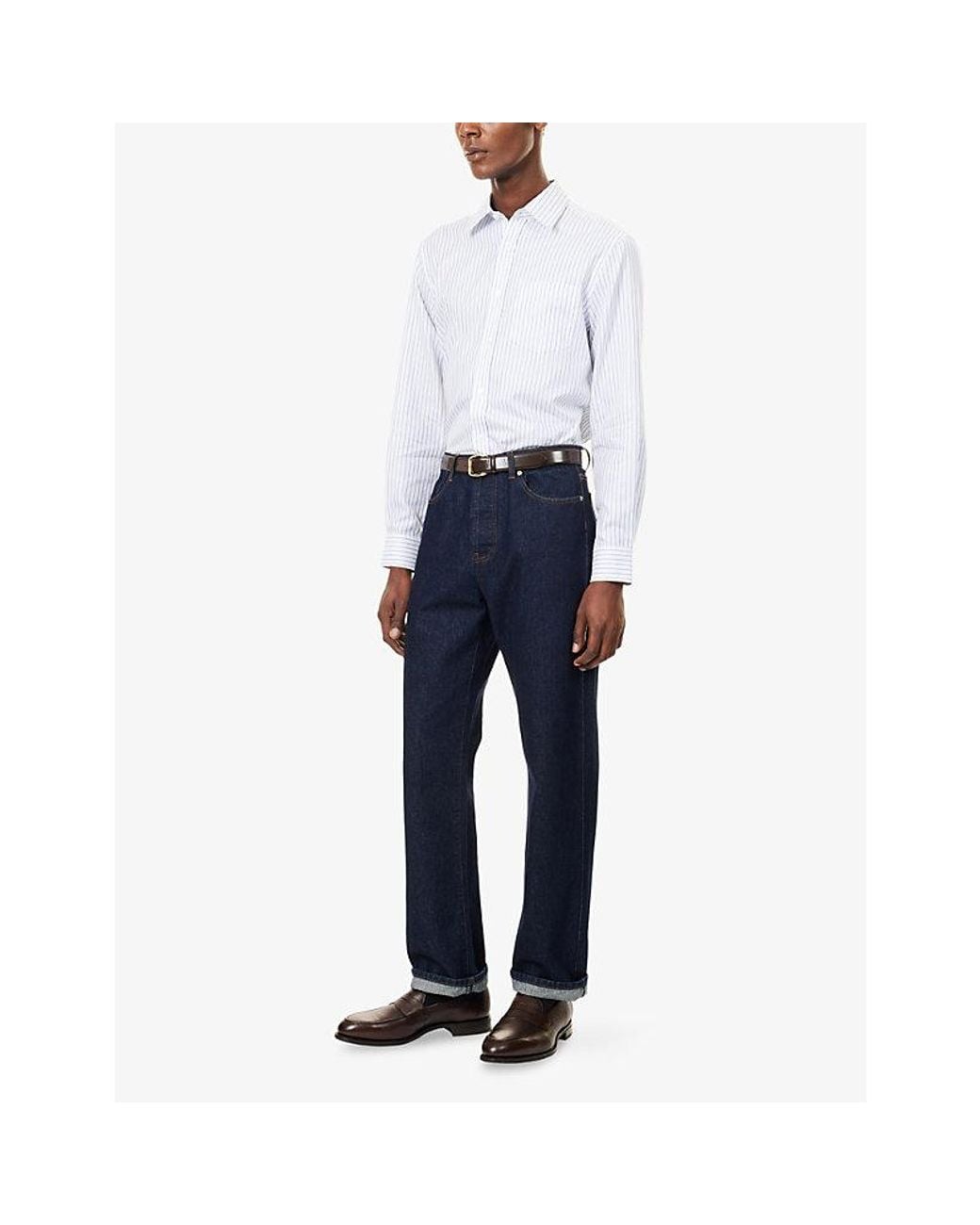 Dunhill White Striped Pointed-Collar Textured-Cotton Shirt for men