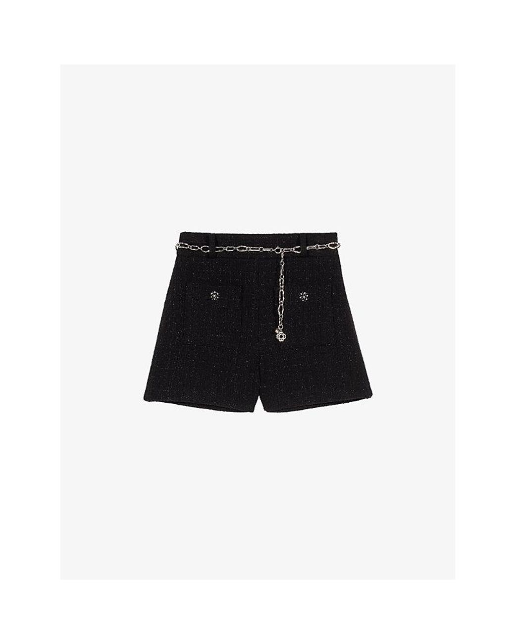 Maje Black Belted-Waist High-Rise Tweed Shorts