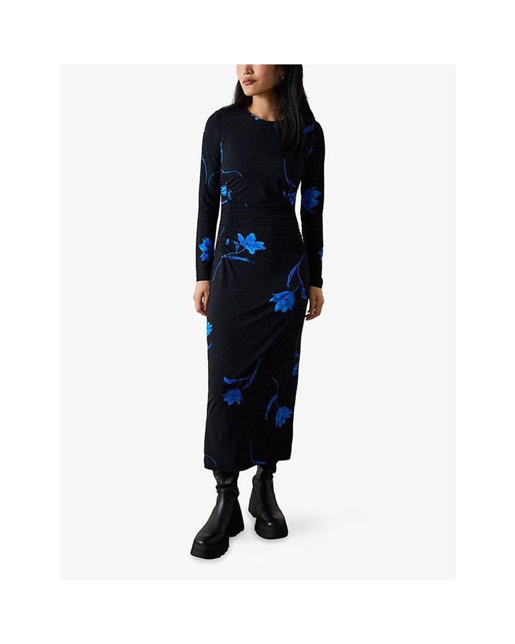 Whistles Black Floral Ruched Jersey Midi Dress