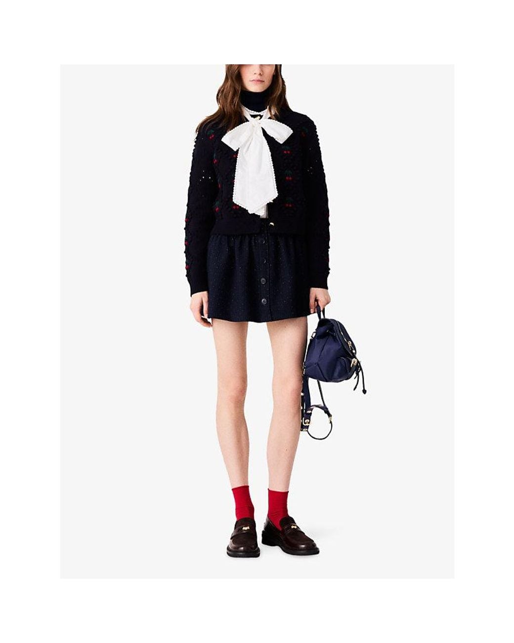 Maje Blue Cherry-Embroidered Bobble-Knit Wool Cardigan