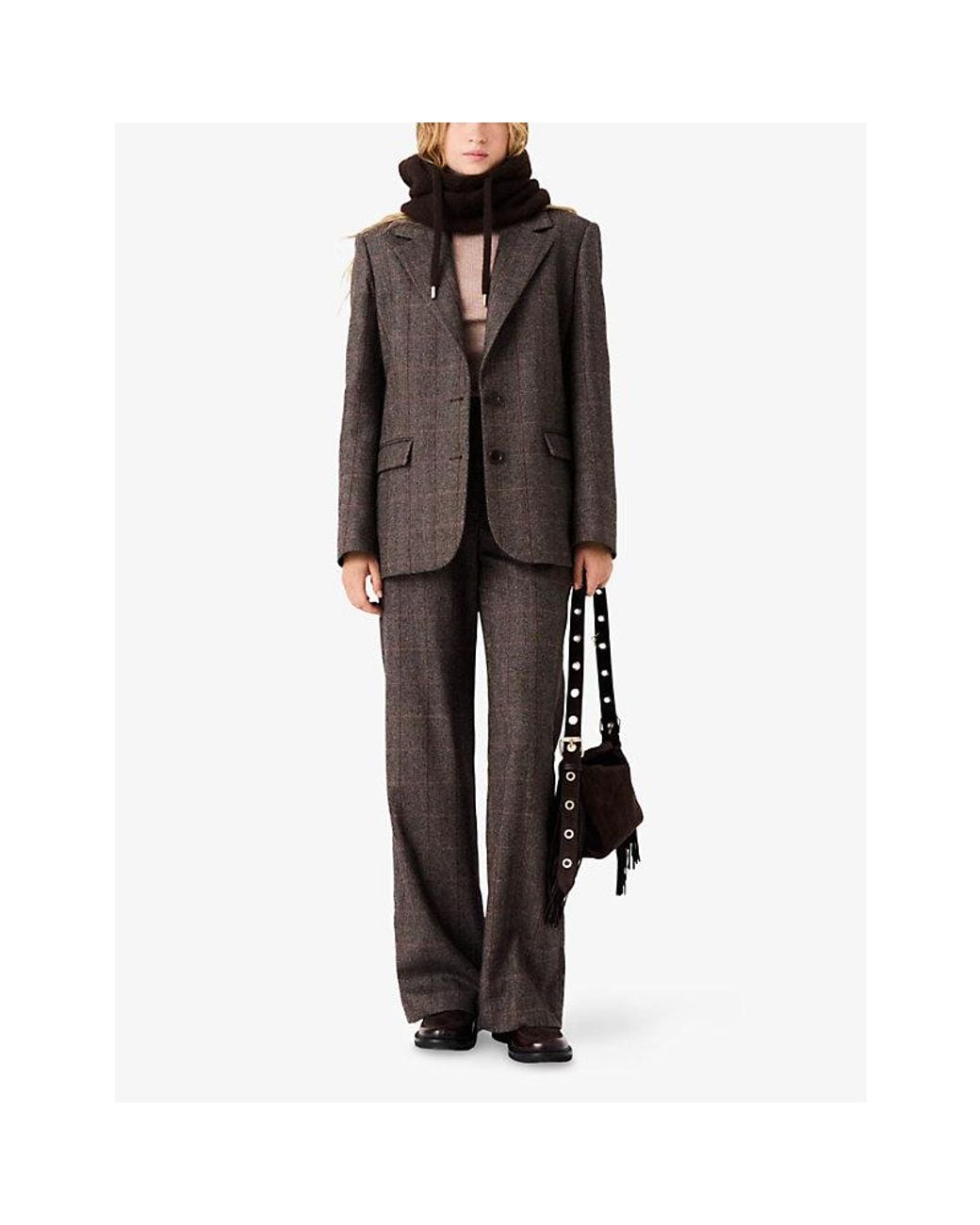Maje Black Herringbone Check Belted Suit Wool-Blend Jacket