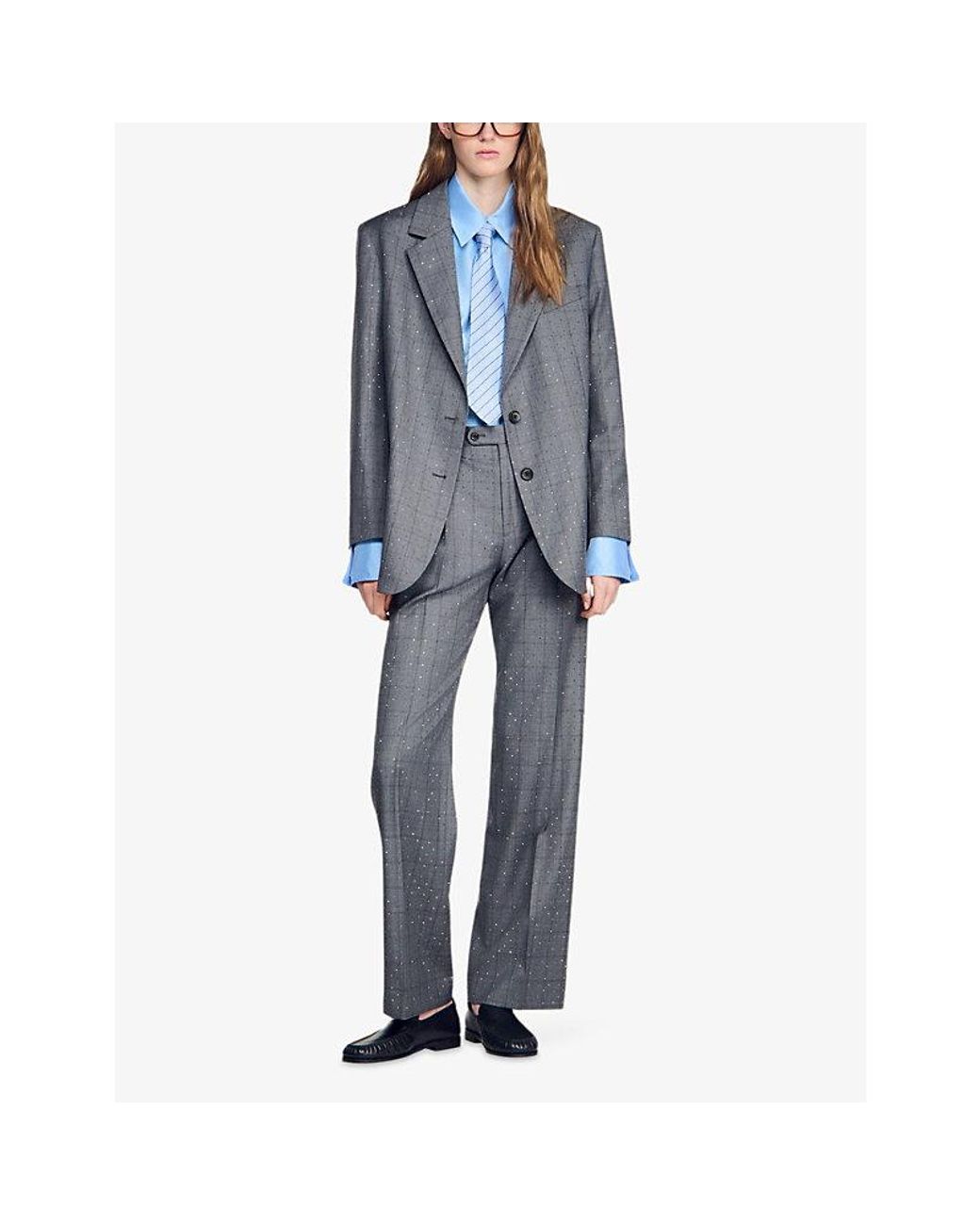 Sandro Gray Rhinestone Check Wool Jacket