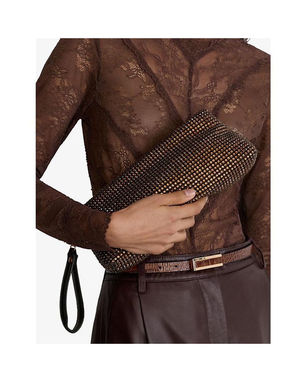 Reiss Brown Olga Crystal-Embellished Woven Pouch
