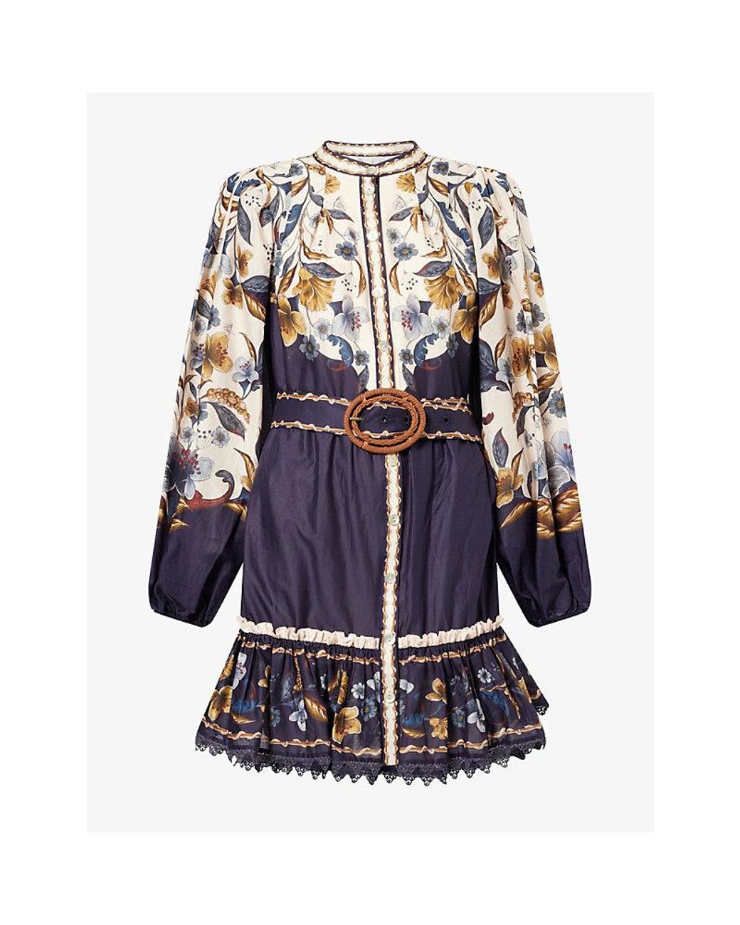Farm Rio Blue Golden Nature Floral-Print Crepe Mini Dress