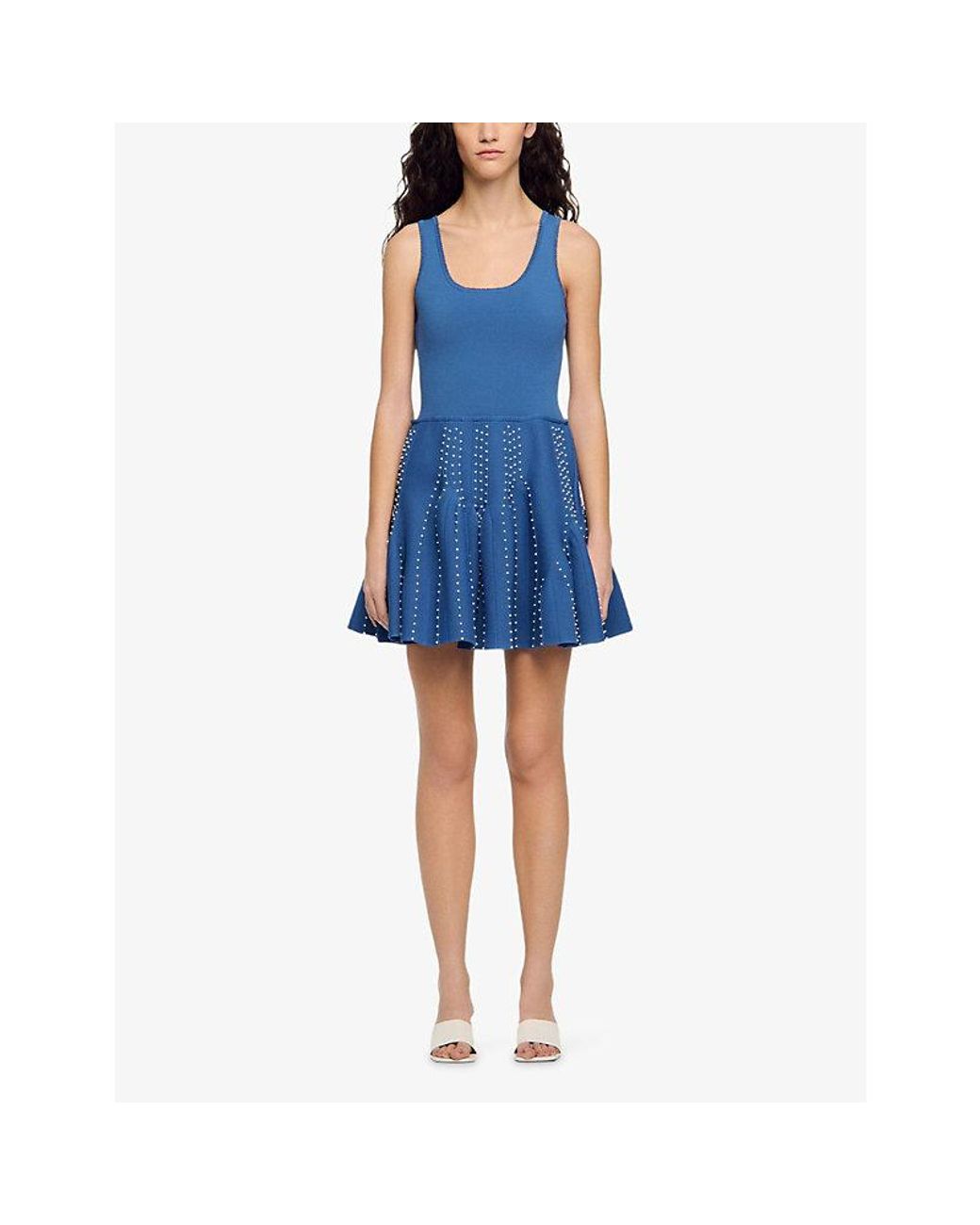Sandro Blue Bead-Embellished Flared Stretch-Knit Mini Dress
