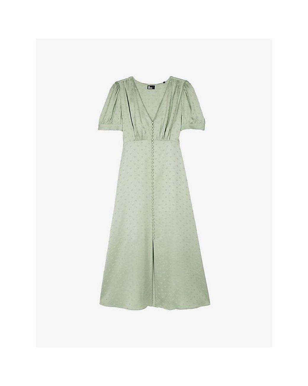 The Kooples Green Jacquard-Heart Short-Sleeve Satin Midi Dress
