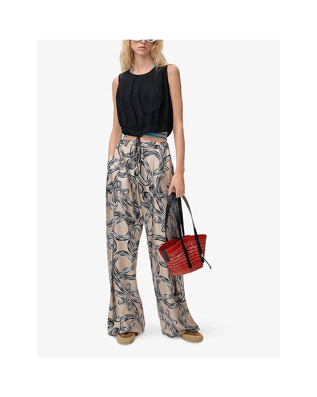 Loewe Multicolor X Paula's Ibiza Anagram-Print Wide-Leg Silk Trousers
