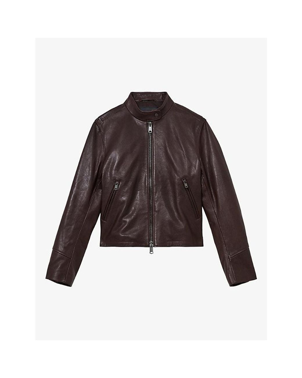 Reiss Brown Erin Stand-Collar Leather Biker Jacket