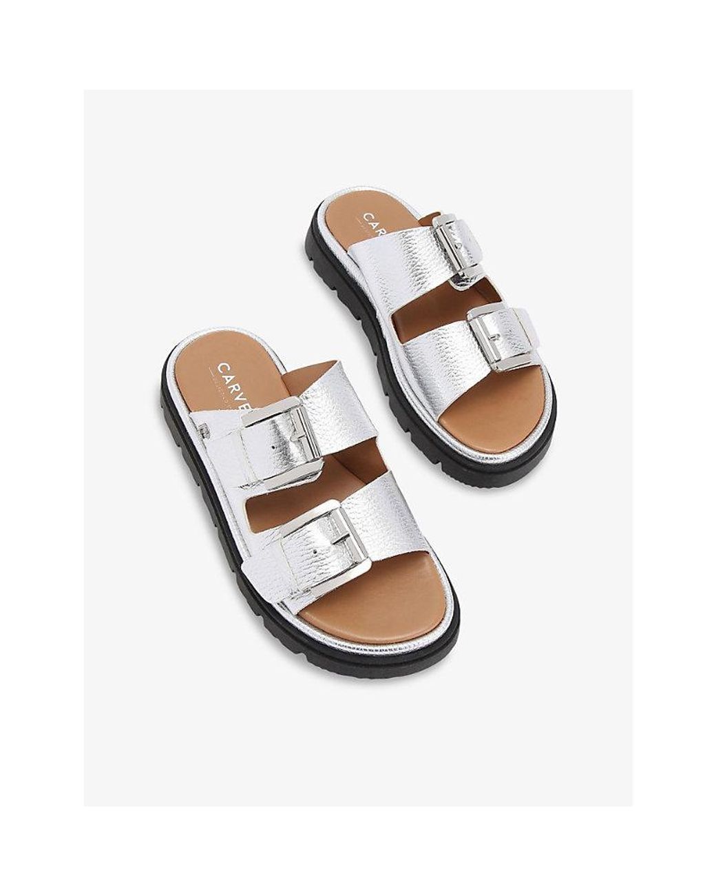 Carvela Kurt Geiger White Pavilion Buckle-Strap Metallic-Leather Sandals