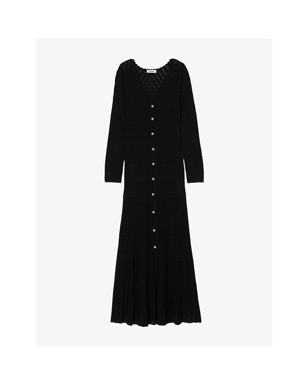 Sandro Black Long-Sleeve Flared Open-Knit Maxi Dress