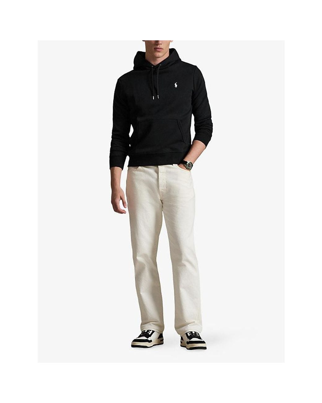 Polo Ralph Lauren Black Logo-Embroidered Pouch-Pocket Cotton-Blend Hoody for men