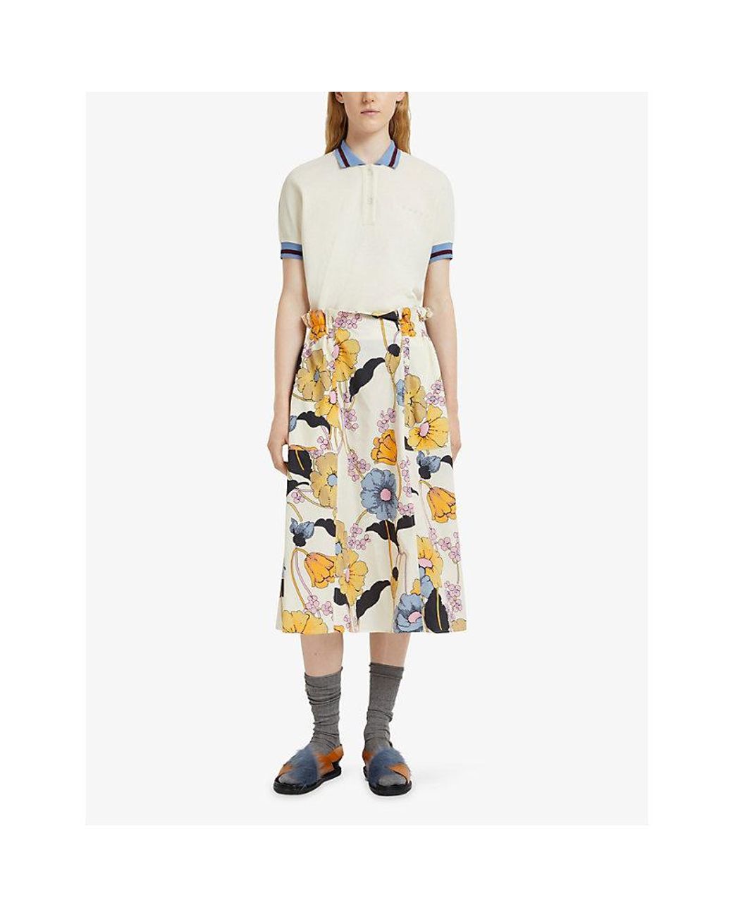 Marni Yellow Printed Elasticated-Waist Cotton Poplin Midi Skirt
