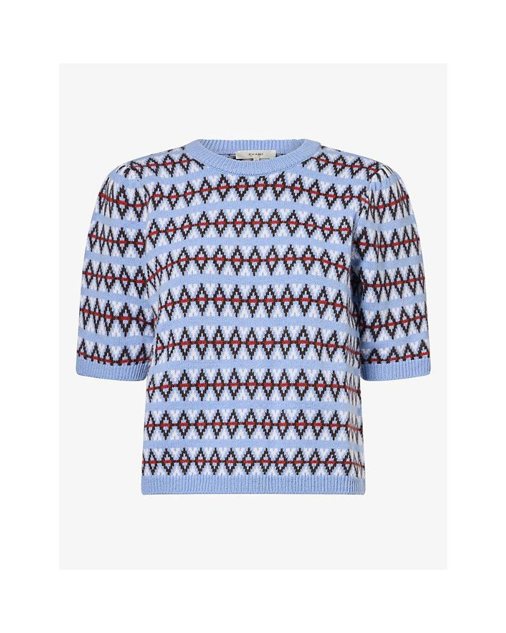 FRAME Blue Short-Sleeve Patterned Cashmere-Blend Jumper