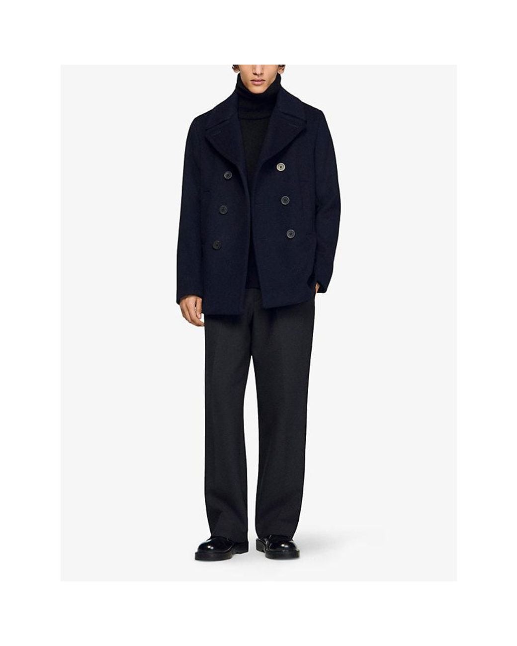 Sandro Blue Double-Breasted Peak-Lapel Wool-Blend Coat for men