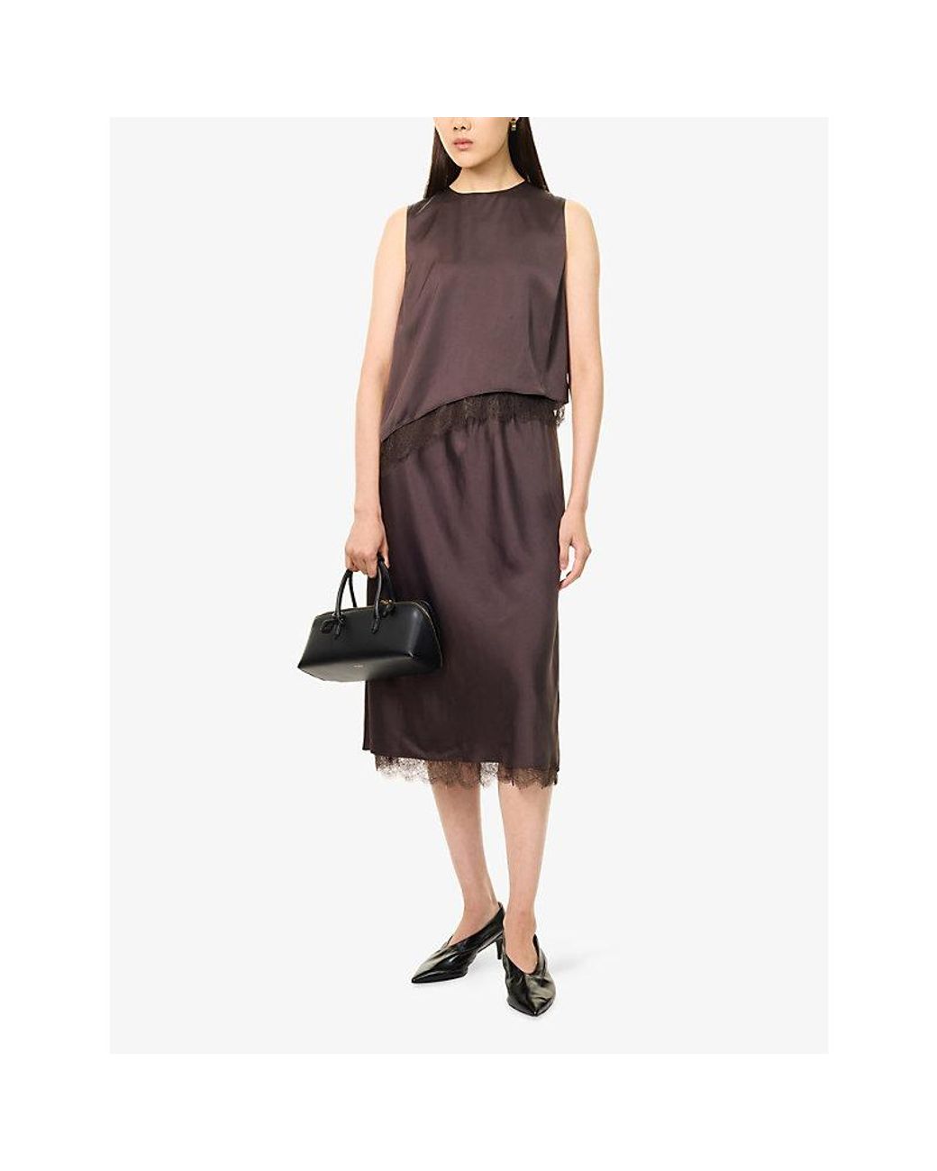 Vince Brown Lace-Trim Satin Midi Skirt