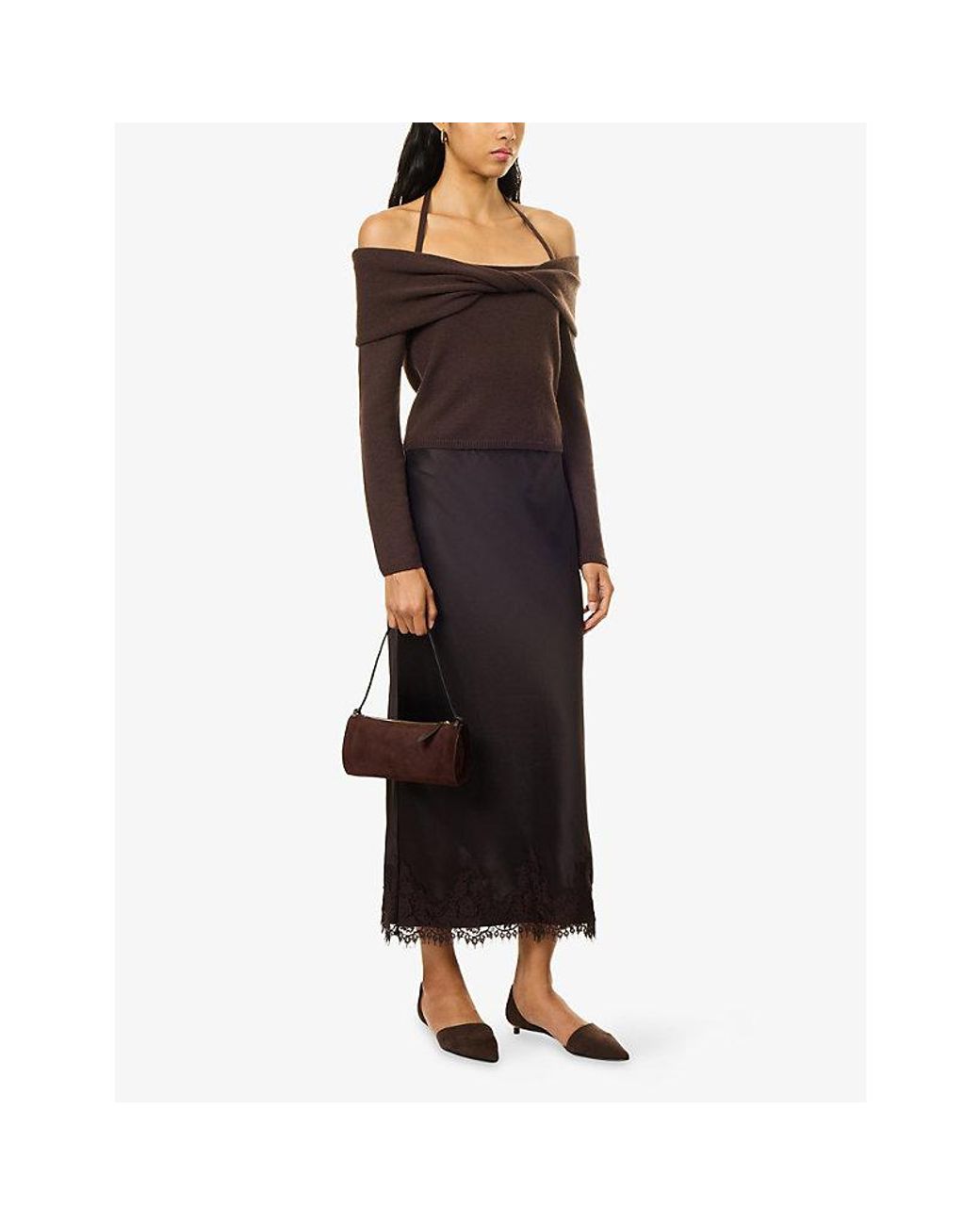 Jonathan Simkhai Brown Cambria Off-Shoulder Wool-Blend Top