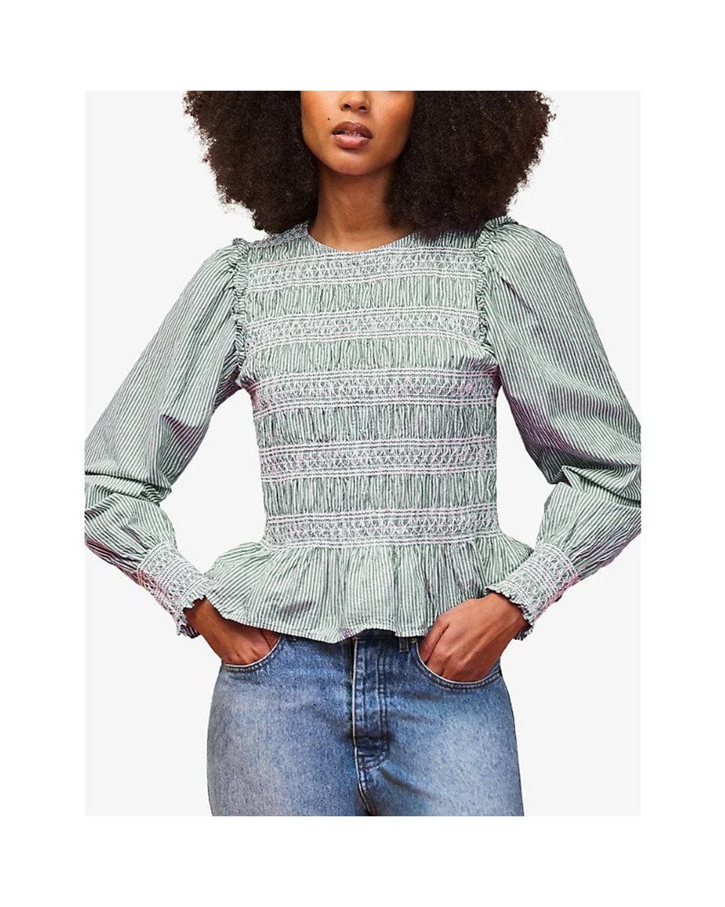 Ro&zo Blue Shirred Stripe-Print Cotton Blouse