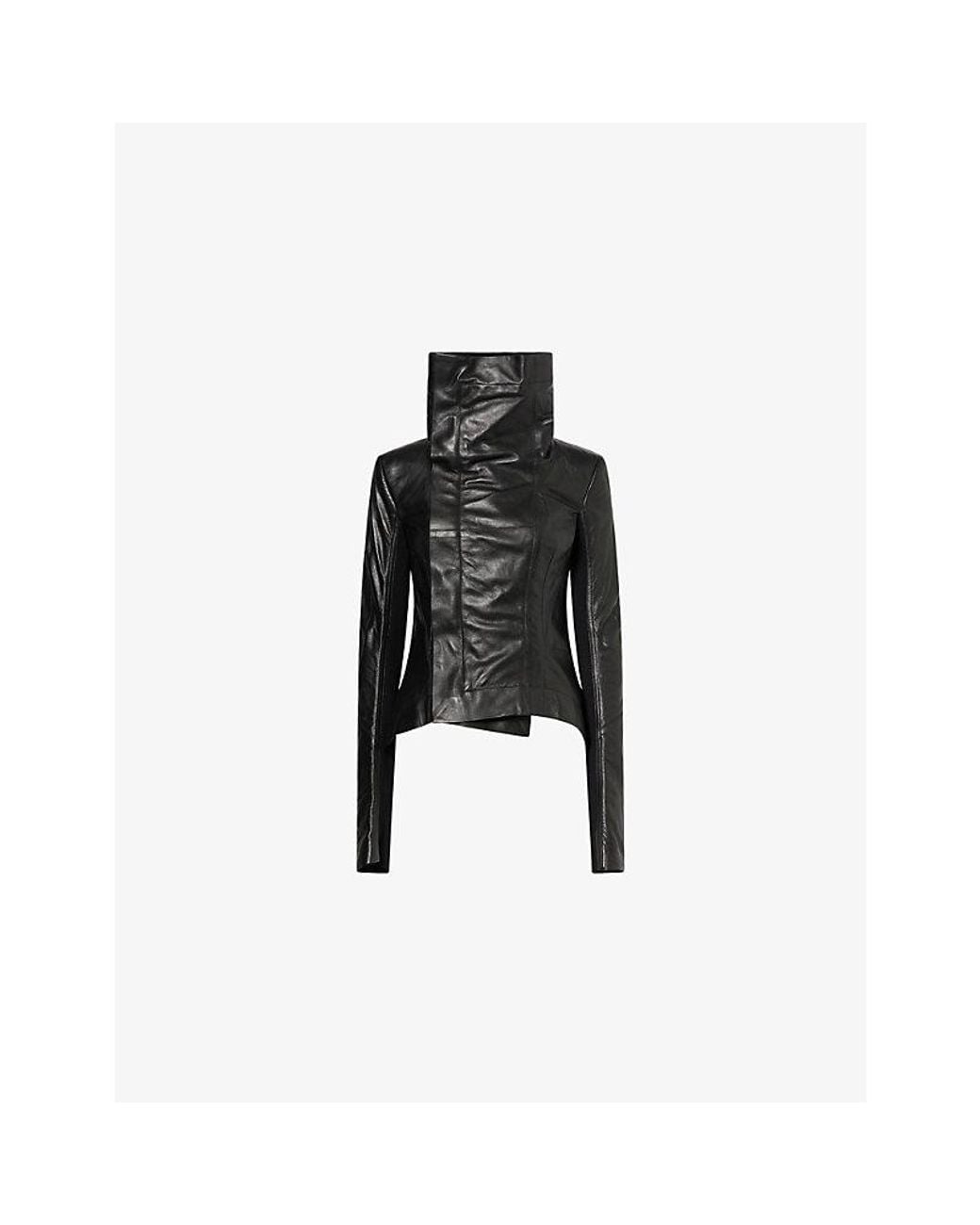 Rick Owens Black Naska Funnel-Neck Leather Biker Jacket